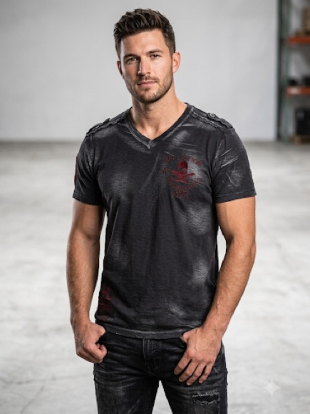 Affliction V-Neck T-Shirt Y2K Red Black Embroidered Burnout XL
